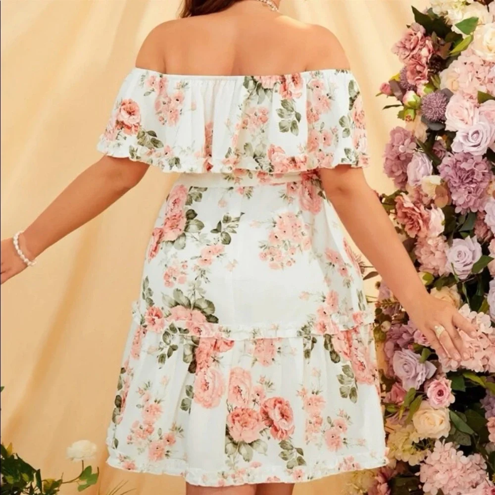 Boho plus size floral print off shoulder belted ruffle hem dress - Picture 4 of 5